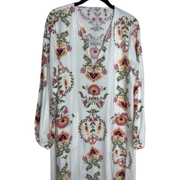 Zara Ecru Floral Midi Dress Small - Picture 4 of 14